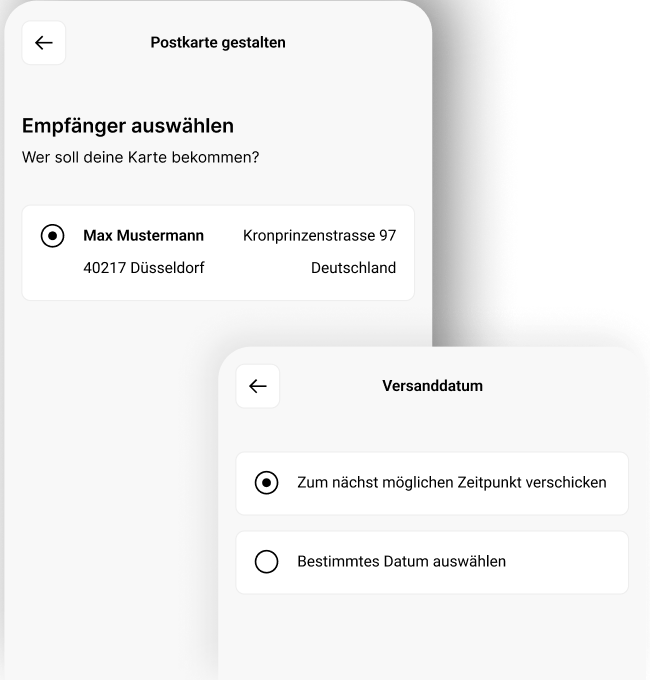 Versandprozess in der Pokamax-App mit Auswahl von Empfänger und gewünschtem Versandzeitpunkt.