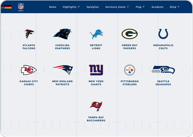 Übersicht der NFL-Teams auf der NFL-Germany-Plattform mit Logos, Teamnamen und Verlinkung der Teamseite