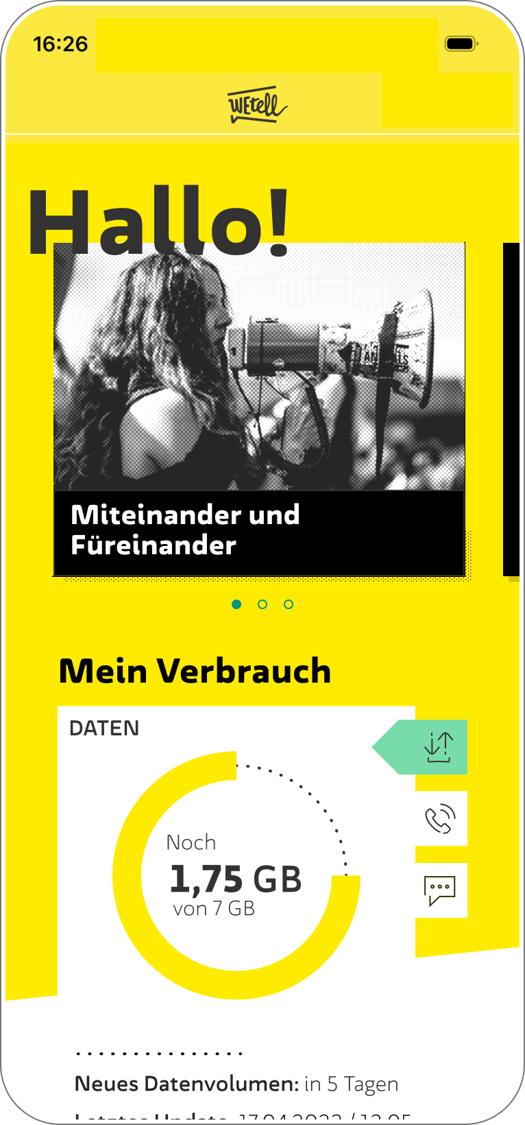 Startbereich mit Verbrauchsanzeige und verbleibendem Datenvolumen.